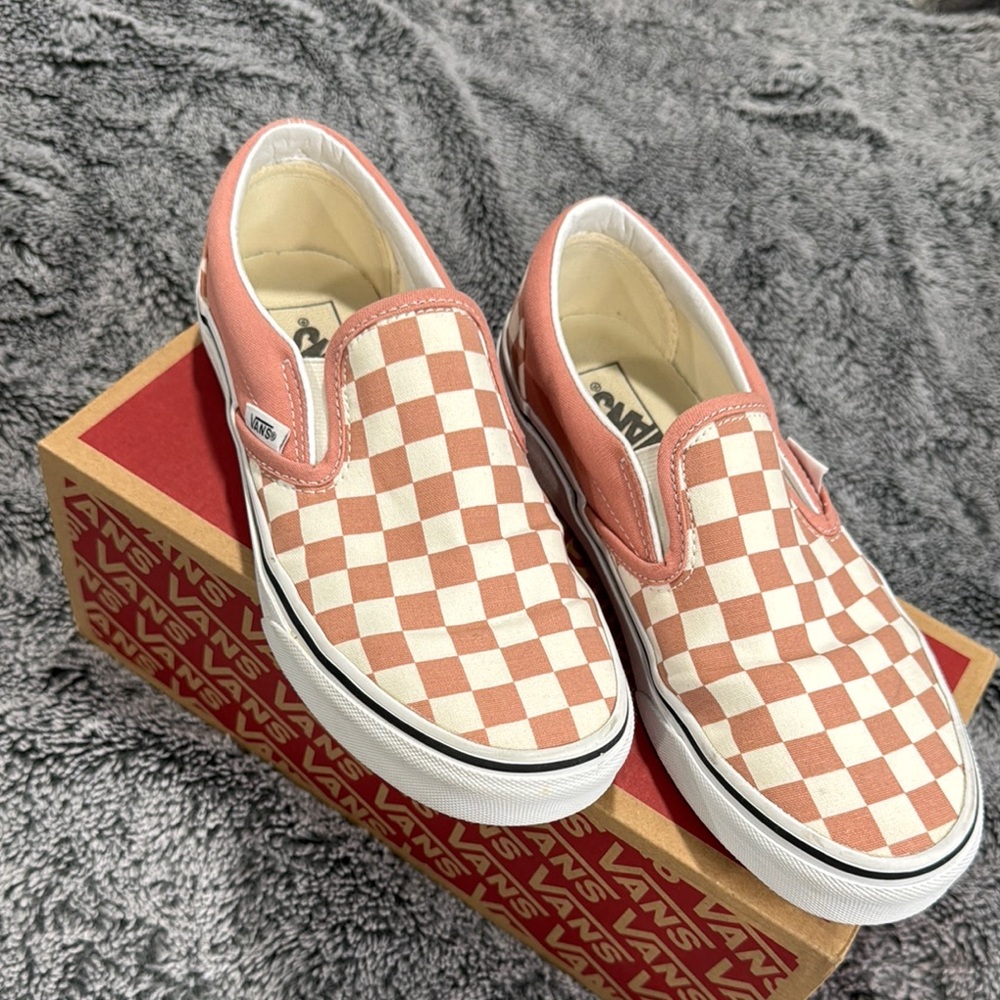 Vans Peach and Cream Checkerboard Slip-Ons